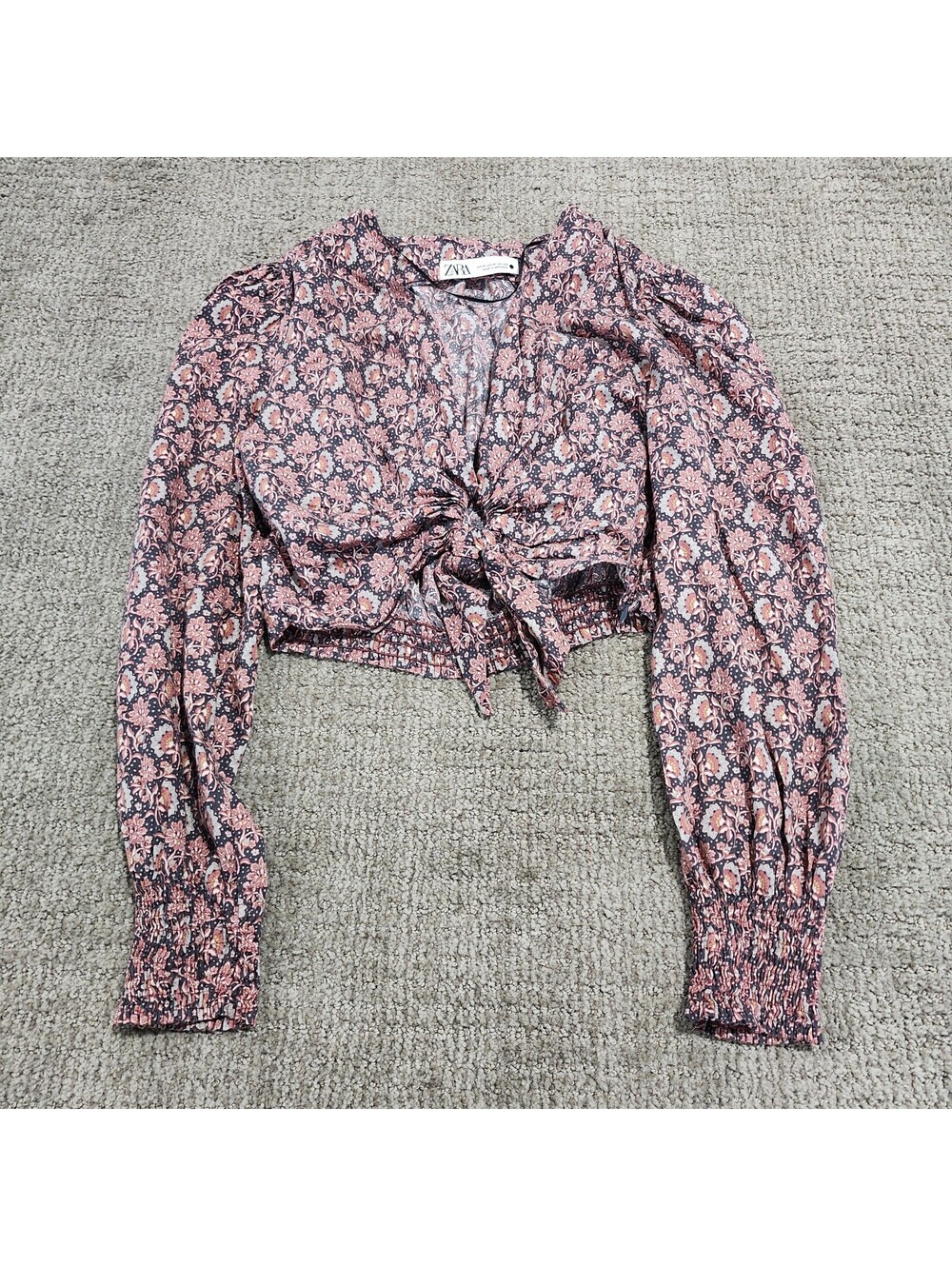ZARA Floral Print Long Sleeve Cropped Blouse with Tie Front Size Medium
